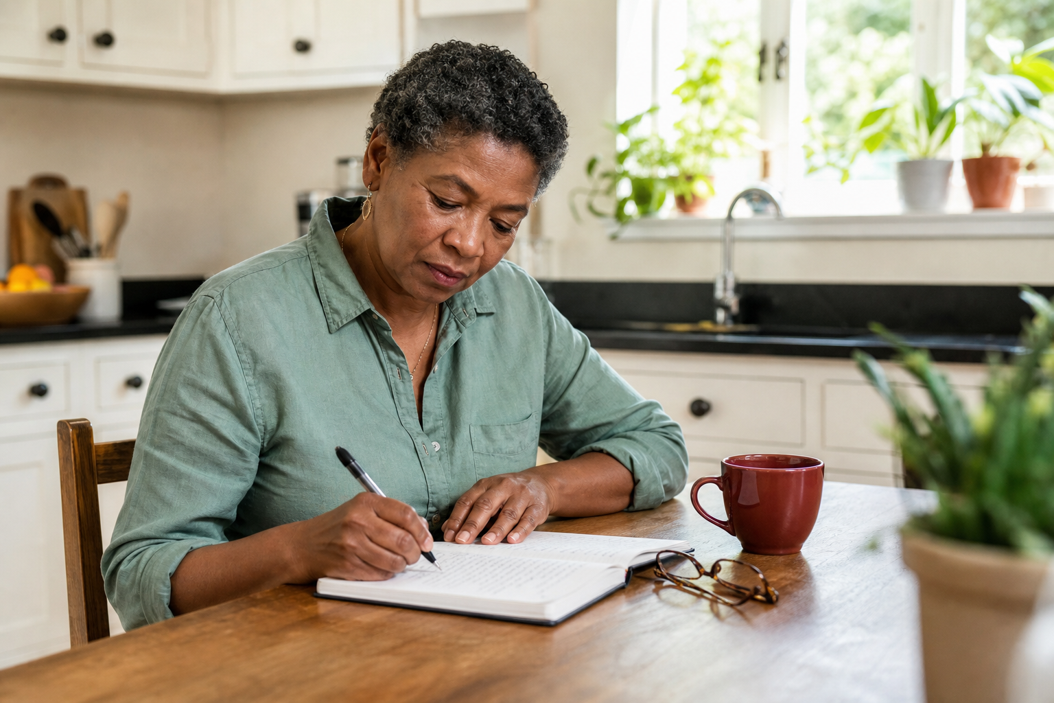 Vrouw schrijft thuis vragen op voor een gesprek met de huisarts
