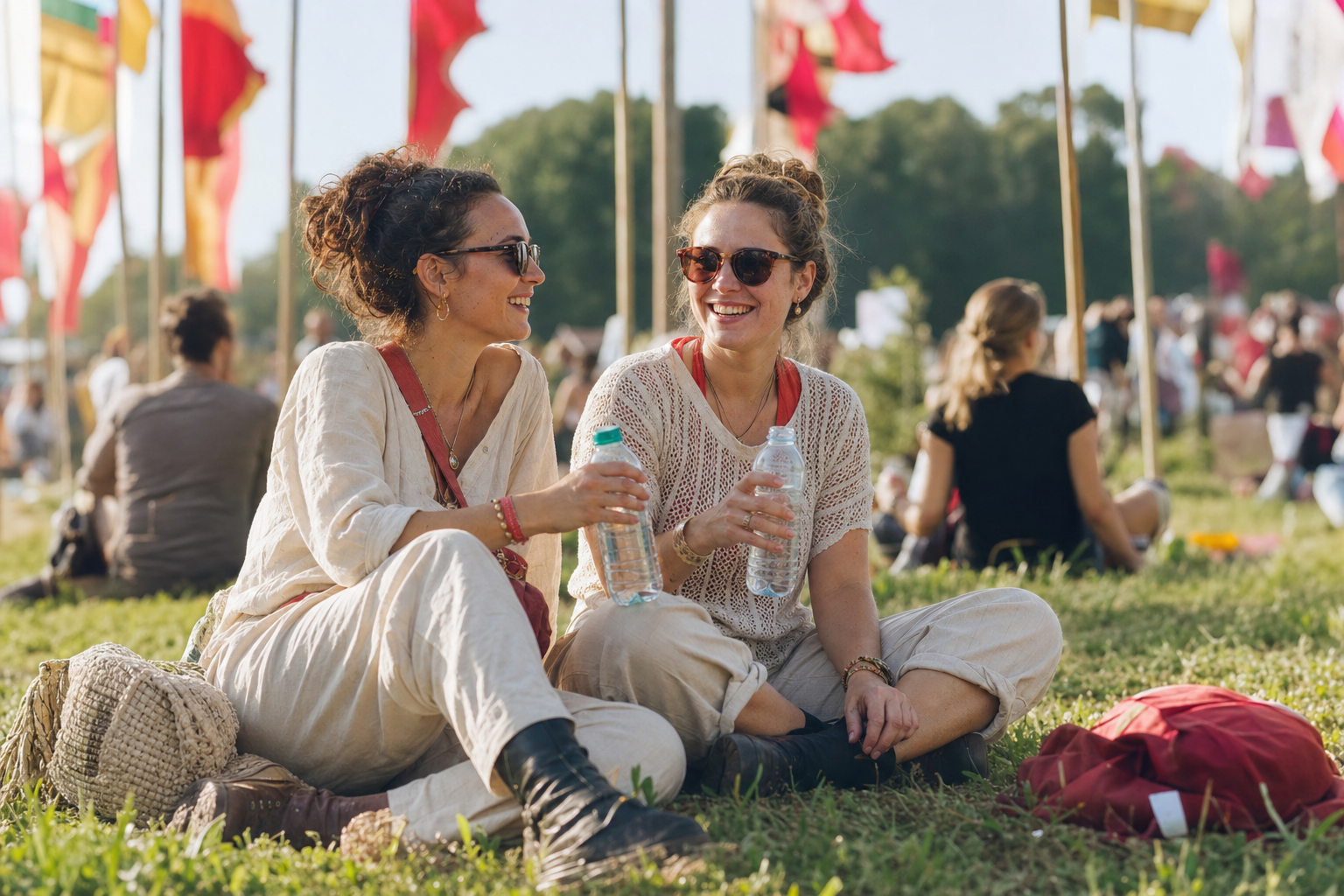 Twee vrienden drinken water tijdens een rustige festivalpauze